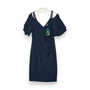 NWT Lauren Ralph Lauren Women Blue Beaded Flutter Sleeve Dress Cocktail Size 10‎